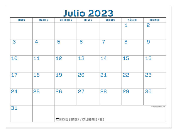 Calendario julio 2023 “49”. Diario para imprimir gratis.. De lunes a domingo