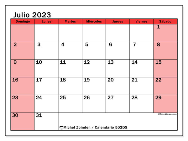 Calendario julio 2023 “502”. Calendario para imprimir gratis.. De domingo a sábado