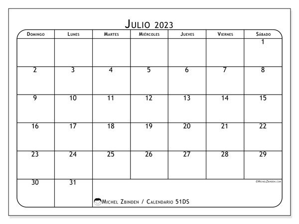 Calendario julio 2023, 51DS, listos para imprimir y gratuitos.