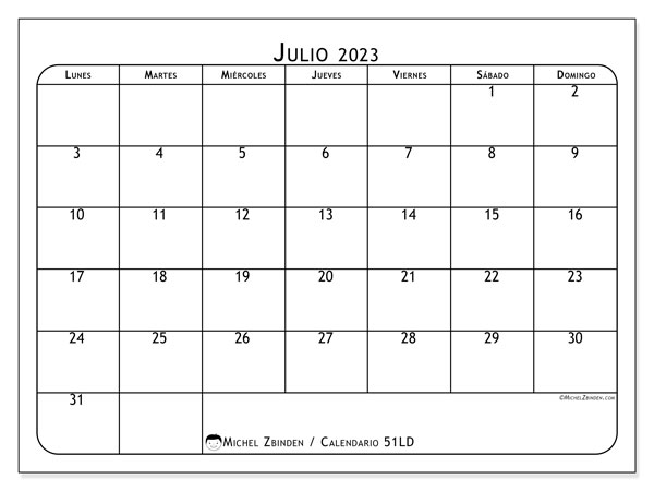 Calendario julio 2023, 51LD. Horario para imprimir gratis.