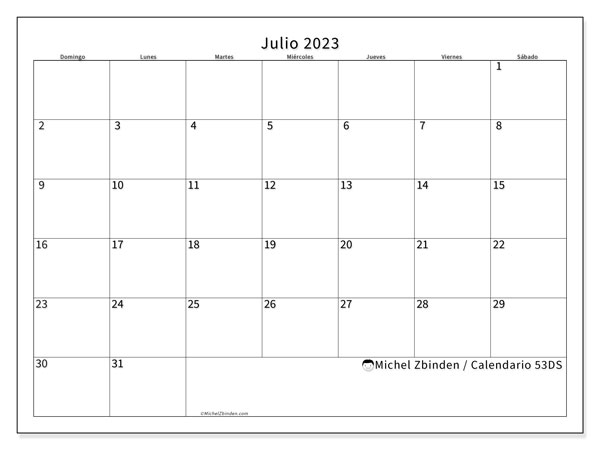 Calendario julio de 2023 para imprimir. Calendario mensual “53DS” y almanaque gratuito para imprimir