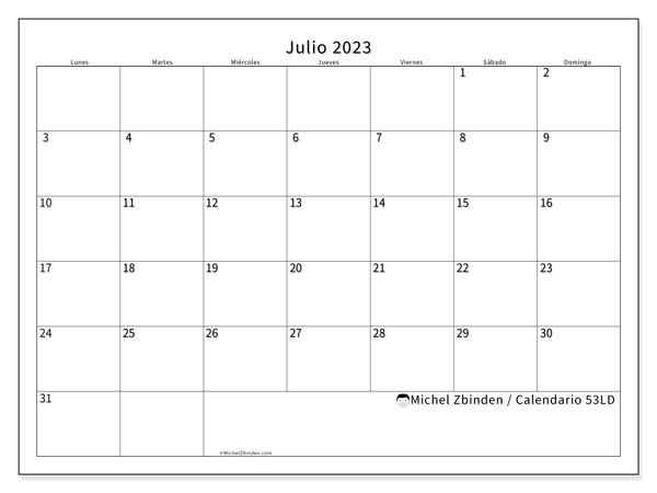 Calendario julio 2023 “53”. Diario para imprimir gratis.. De lunes a domingo