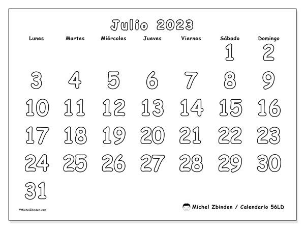 Calendario julio de 2023 para imprimir. Calendario mensual “56LD” y cronograma imprimibile