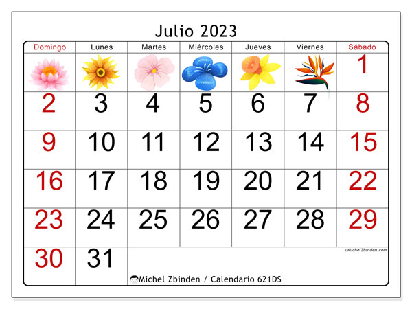 Calendario julio 2023 “621”. Diario para imprimir gratis.. De domingo a sábado