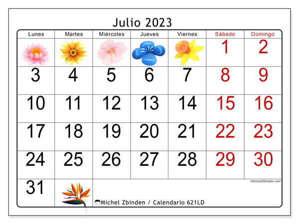 Calendario julio 2023 “621”. Diario para imprimir gratis.. De lunes a domingo