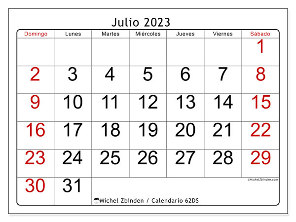 Calendario julio de 2023 para imprimir. Calendario mensual “62DS” y agenda gratuito para imprimir