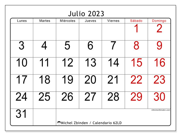 Calendario julio 2023 “62”. Horario para imprimir gratis.. De lunes a domingo