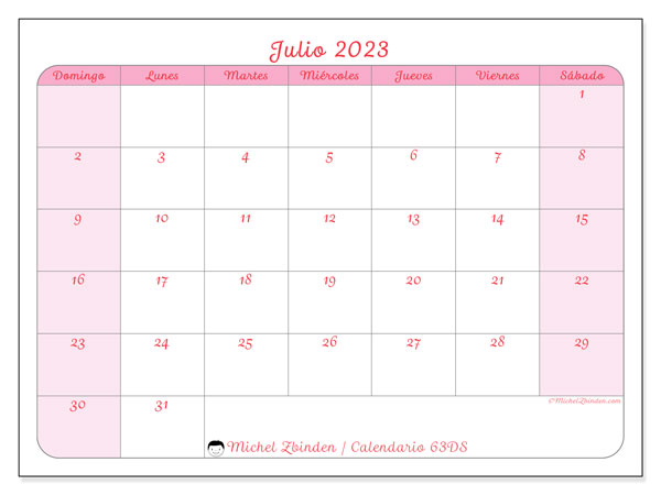 Calendario julio de 2023 para imprimir. Calendario mensual “63DS” y cronograma para imprimer gratis