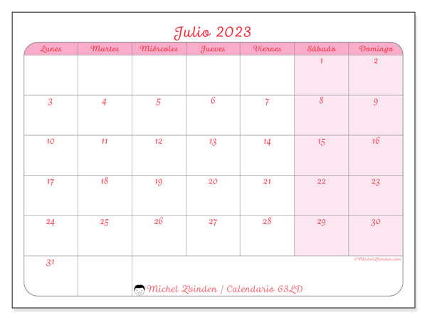 Calendario julio de 2023 para imprimir. Calendario mensual “63LD” y planificación para imprimer gratis