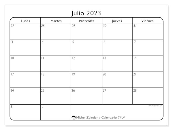 Calendario julio de 2023 para imprimir. Calendario mensual “74DS” y planificación para imprimer gratis