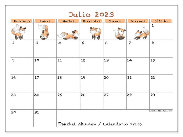 Calendario 771DS, julio de 2023, para imprimir gratuitamente. Planificación imprimible gratuita