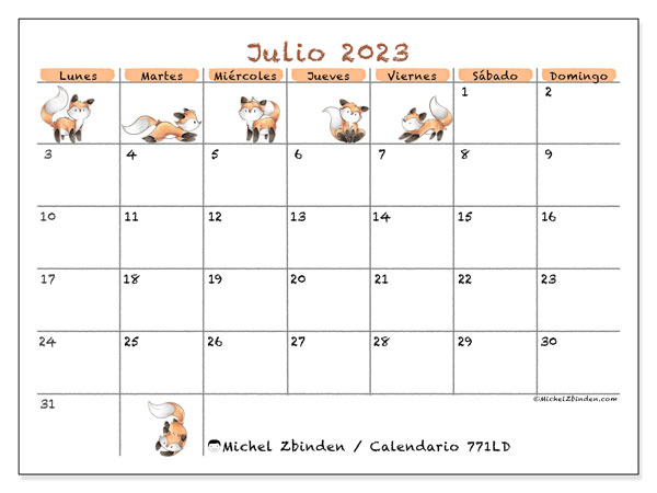 Calendario para imprimir, julio 2023, 771LD