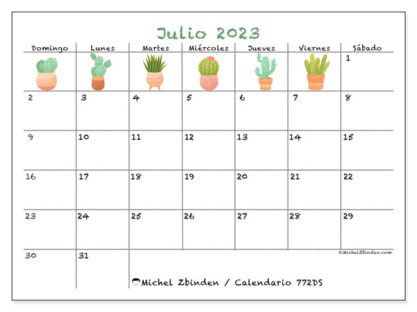 Calendario julio 2023 “772”. Horario para imprimir gratis.. De domingo a sábado