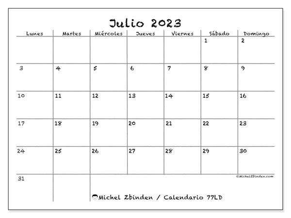 Calendario julio 2023 “77”. Diario para imprimir gratis.. De lunes a domingo