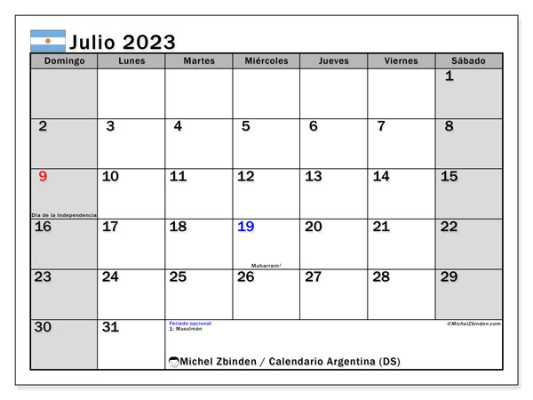 Calendario para imprimir, julio de 2023, Argentina (DS)