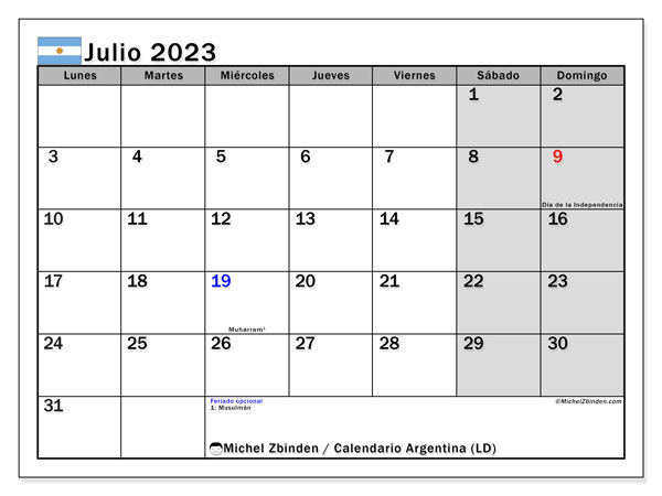 Calendario para imprimir, julio de 2023, Argentina (LD)