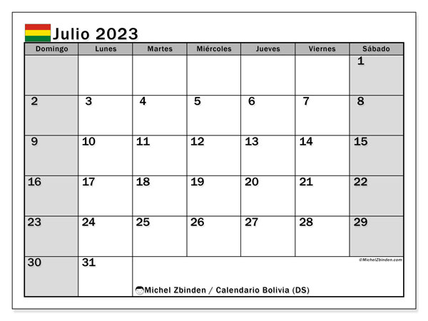 Calendário Julho 2023, Bolívia (ES). Horário gratuito para impressão.