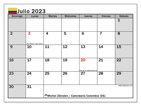 Calendário Julho 2023, Colômbia (ES). Horário gratuito para impressão.
