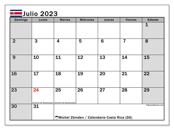 Calendário Julho 2023, Costa Rica (ES). Horário gratuito para impressão.