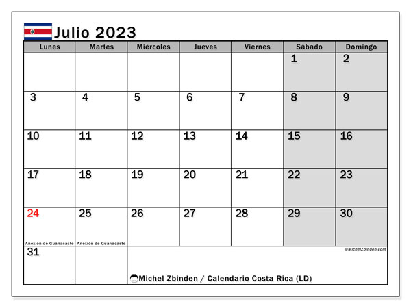 Calendario julio 2023 “Costa Rica”. Programa para imprimir gratis.. De lunes a domingo