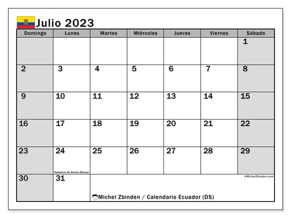 Kalenteri heinäkuu 2023, Ecuador (ES). Ilmainen tulostettava kartta.