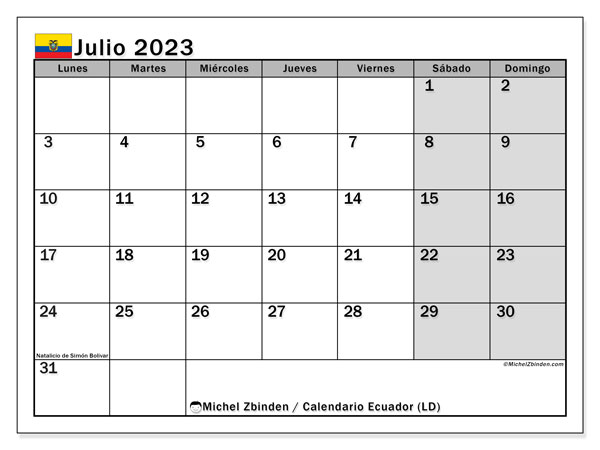 Calendario para imprimir, julio de 2023, Ecuador (LD)