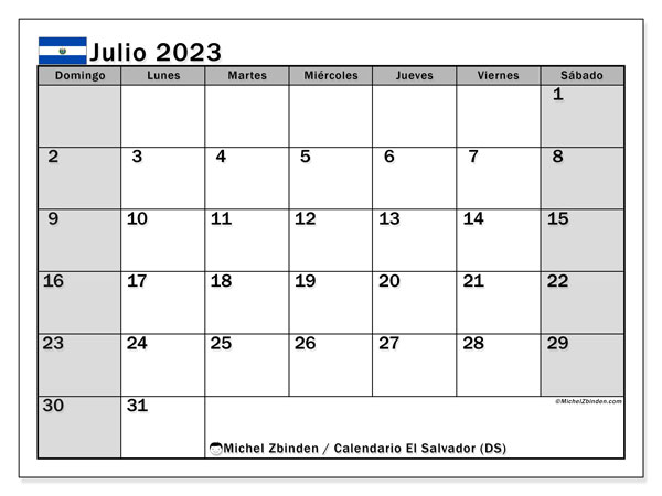 Kalendarz lipiec 2023, Salwador (ES). Darmowy plan do druku.
