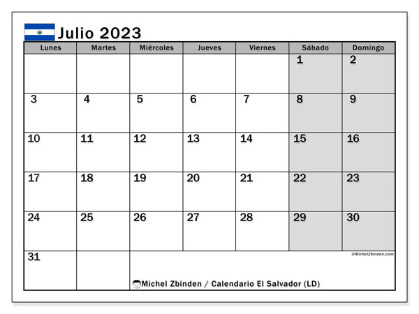 Calendario para imprimir, julio de 2023, El Salvador (LD)