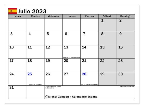 Kalendarz lipiec 2023, Hiszpania (ES). Darmowy plan do druku.