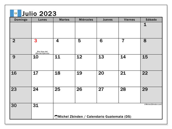 Kalendarz lipiec 2023, Gwatemala (ES). Darmowy plan do druku.