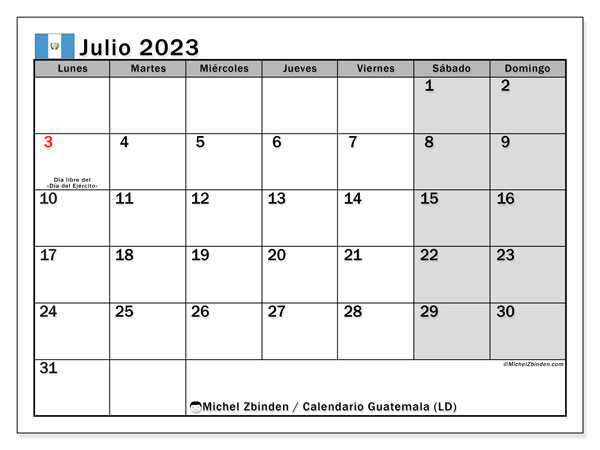 Calendario para imprimir, julio de 2023, Guatemala (LD)