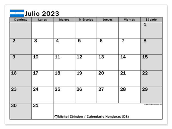 Calendario julio 2023, Honduras. Calendario para imprimir gratis.