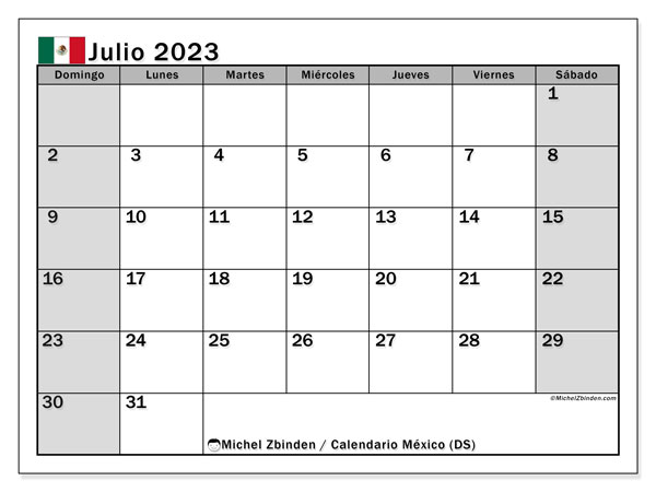 Calendario julio 2023 “México”. Calendario para imprimir gratis.. De domingo a sábado