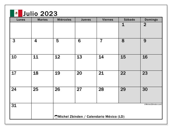 Calendario para imprimir, julio de 2023, México (LD)