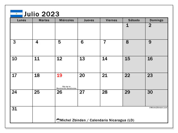 Calendario para imprimir, julio de 2023, Nicaragua (LD)