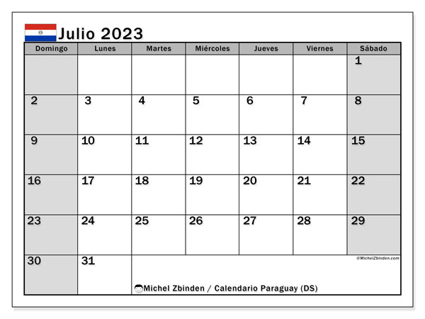 Kalendarz lipiec 2023, Paragwaj (ES). Darmowy plan do druku.
