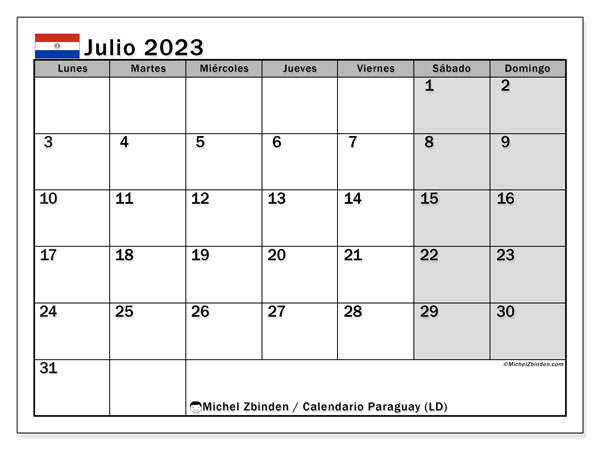 Calendario para imprimir, julio de 2023, Paraguay (LD)