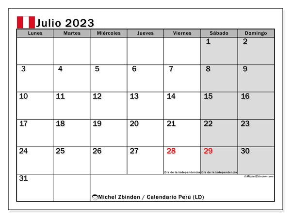 Calendario para imprimir, julio de 2023, Perú (LD)