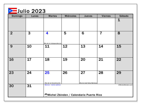 Calendário Julho 2023, Porto Rico (ES). Horário gratuito para impressão.
