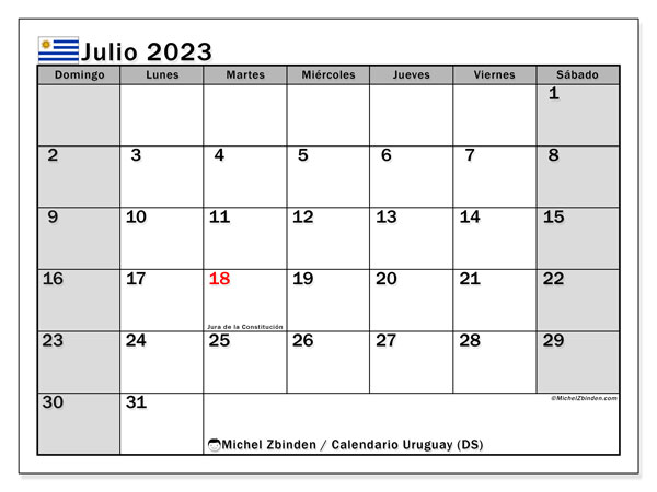 Calendário Julho 2023, Uruguai (ES). Horário gratuito para impressão.