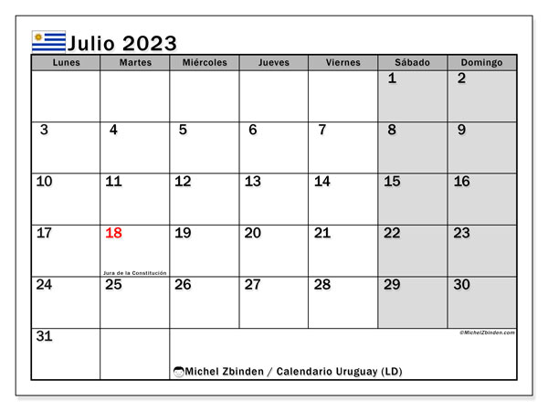 Calendario “Uruguay (LD)” para imprimir, con festivos. Calendario mensual julio de 2023 y almanaque imprimibile.