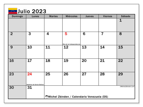 Kalendarz lipiec 2023, Wenezuela (ES). Darmowy plan do druku.