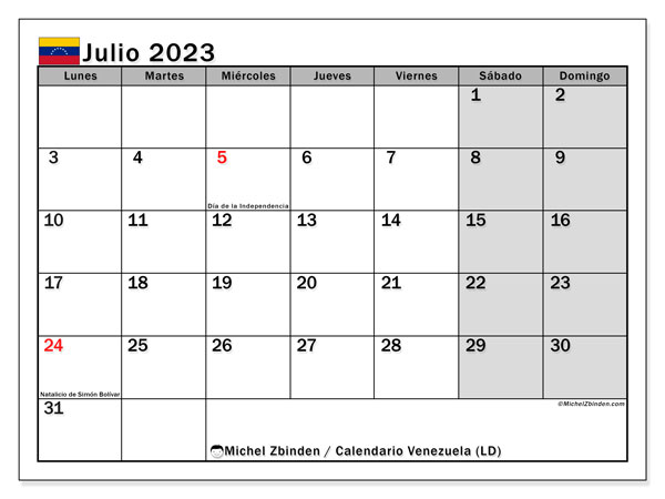 Calendario para imprimir, julio 2023, Venezuela (LD)