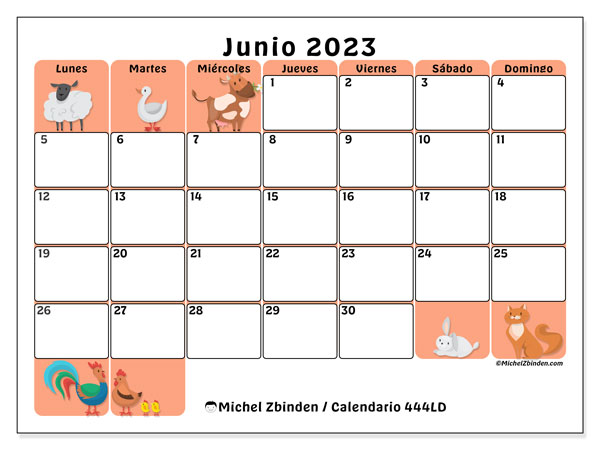 Calendario junio 2023 “444”. Diario para imprimir gratis.. De lunes a domingo