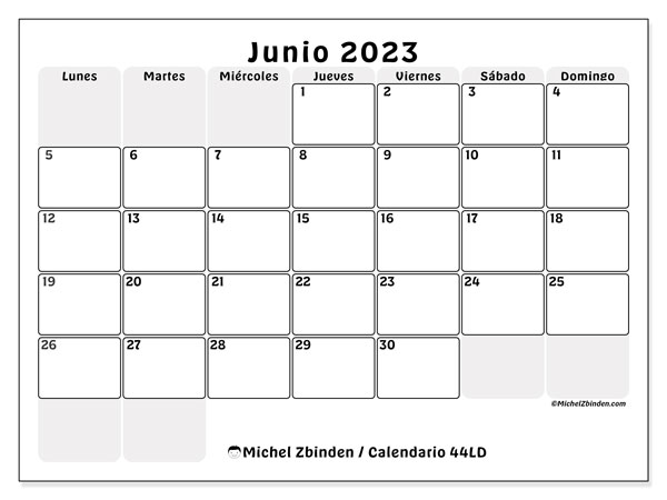 Calendario junio 2023 “44”. Diario para imprimir gratis.. De lunes a domingo