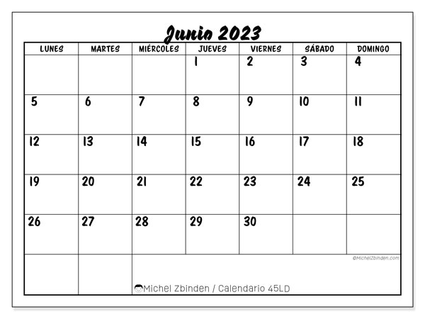 Calendario junio 2023 “45”. Horario para imprimir gratis.. De lunes a domingo