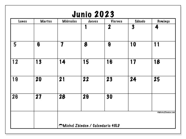 Calendario junio 2023 “48”. Calendario para imprimir gratis.. De lunes a domingo