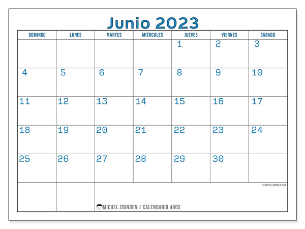 Calendario junio 2023 “49”. Diario para imprimir gratis.. De domingo a sábado