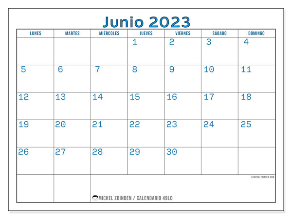 Calendario junio 2023 “49”. Diario para imprimir gratis.. De lunes a domingo
