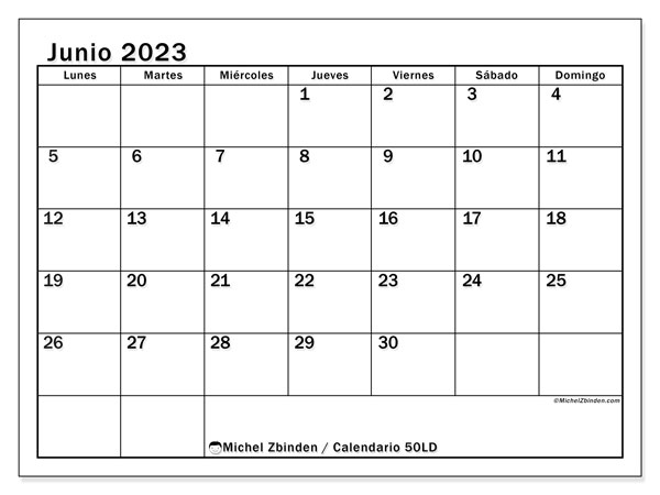 Calendario junio 2023 “50”. Programa para imprimir gratis.. De lunes a domingo